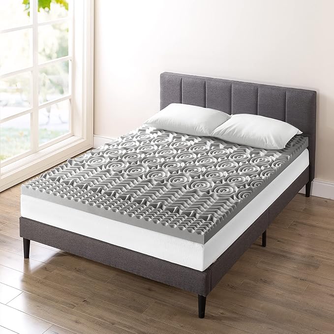 Mellow 3 Inch 5-Zone Memory Foam Mattress Topper with Plant-based Infusion and Moisture Control, CertiPUR-US Certified, King,Grey