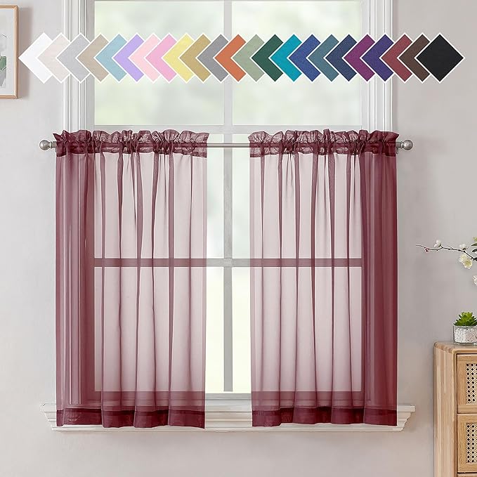 Aiyufneg Wine Kitchen Sheer Curtains 36 inches Long, Short Kitchen Window Treatment Solid Sheers Cafe Curtains Bathroom Voile Half Window Curtains 2 Panels for Laundry Room, Rod Pocket, 40" Wx36 L