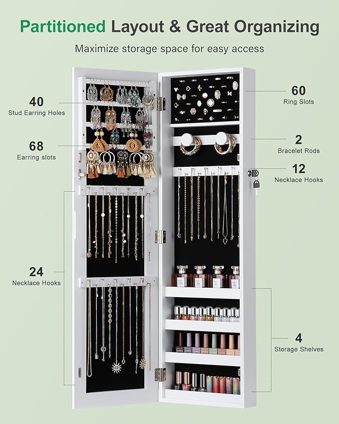 Nicetree Mirror Jewelry Cabinet, Jewelry Armoire with Full Length Mirror,Mirror with Jewelry Storage Wall/Door Mounted, Lockable Jewelry Armoire Organizer,White