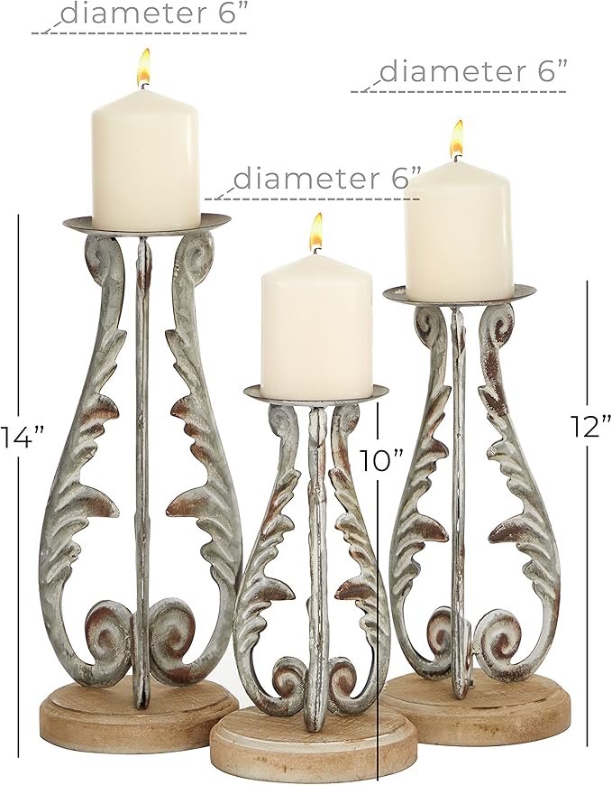 Deco 79 Metal Solid Candle Holder, Set of 3 14", 12", 10"H, Silver