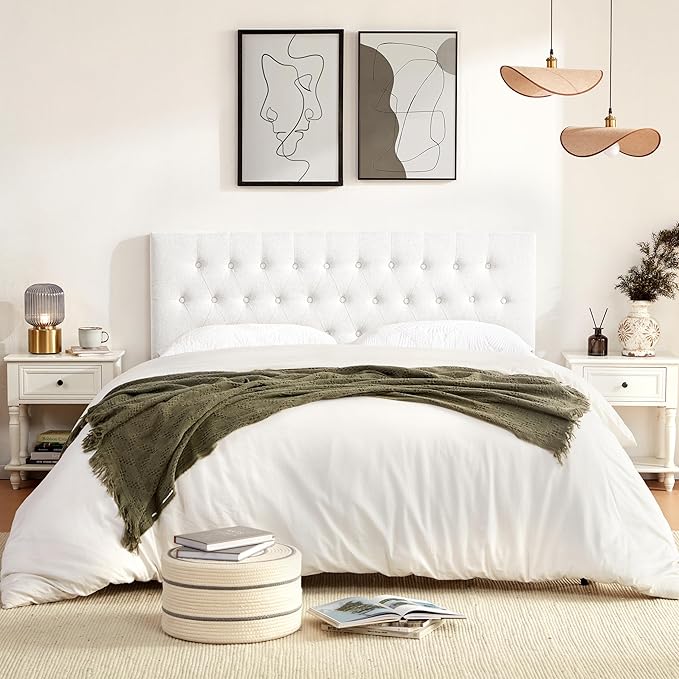 Tufted Upholstered Headboard California King Size, Solid Wood Head Board with Durable Metal Legs, Adjustable Height Bed headboard from 37” to 51” Fabric Headboard in Button Design, White