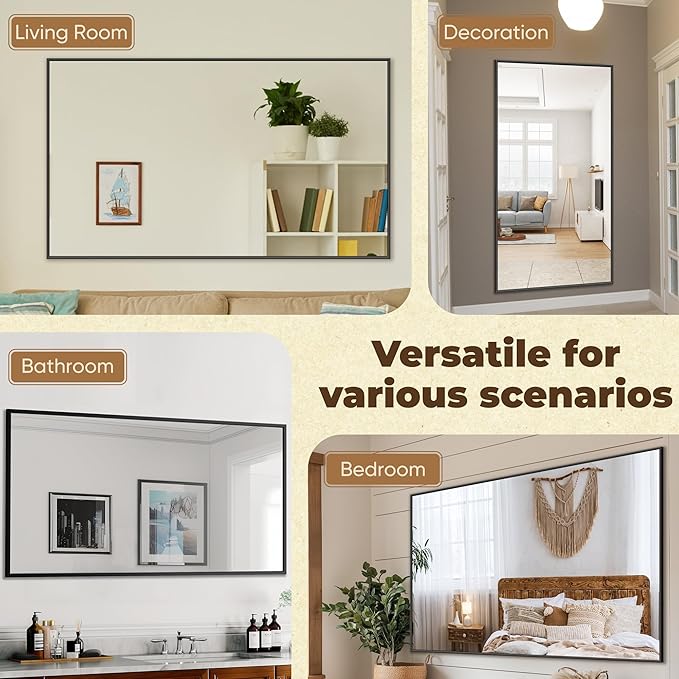 Antok Bathroom Mirror,60"x30" Wall Mirror, Decorative Mirrors Vanity Mirror Aluminum Alloy Frame Contemporary Hanging Mirror for Living Room Bathroom Entryway,Black,Rect Corner