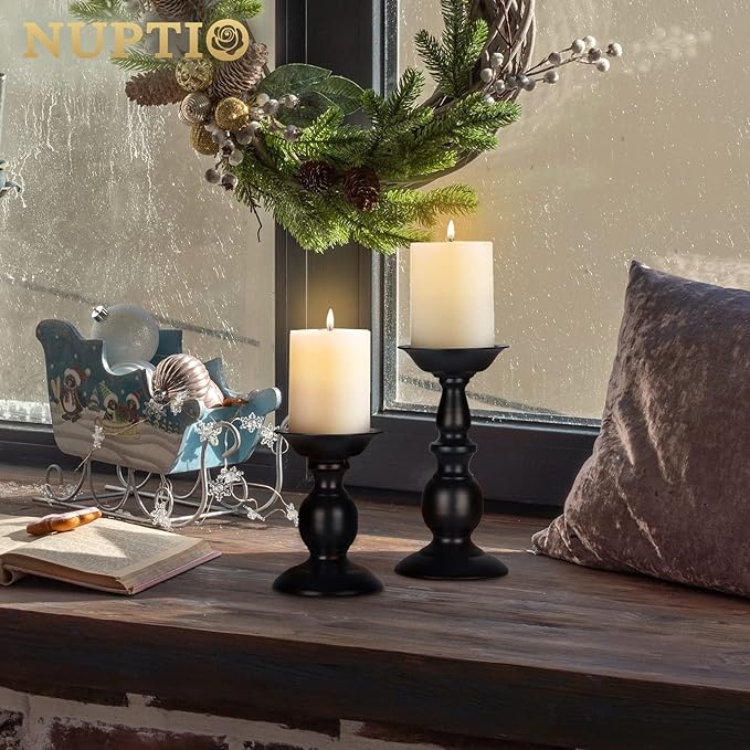 Nuptio Black Candle Holder for Pillar Candles - 2 Pcs Rustic Candle Holders Set Metal Candle Stand Tall Retro Fall Pillar Candleholder for Halloween Easter Farmhouse Fireplace Home Table Centerpiece