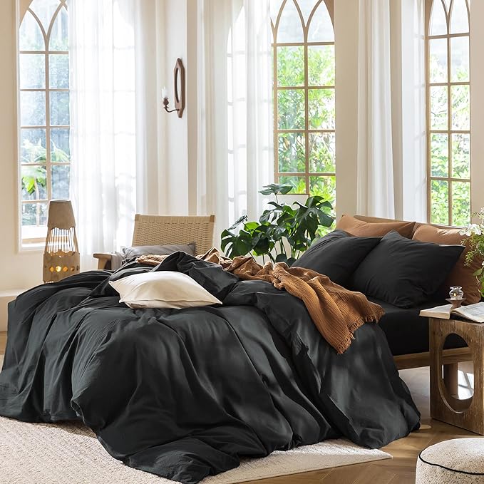 MooMee Bedding Duvet Cover Set 100% Washed Cotton Linen Like Textured Breathable Durable Soft Comfy (Solid Black, Queen 90"x90")