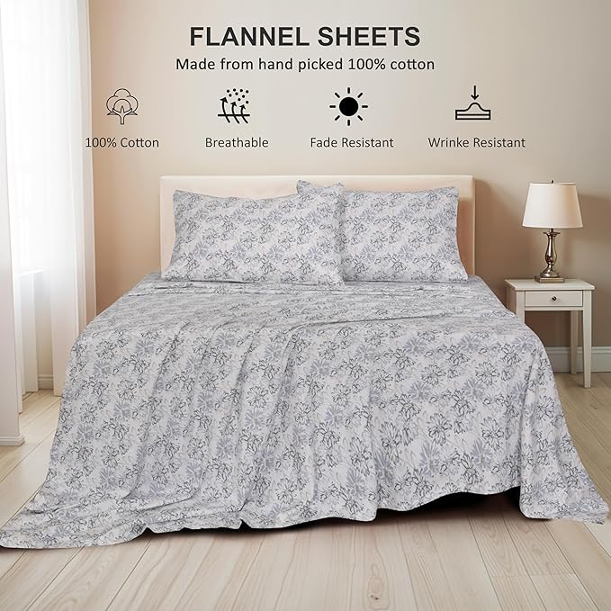 RUVANTI Flannel Sheets Full Size - 100% Cotton Double Brushed Bed Sheets Set, Deep Pockets 16 Inches, All Seasons Breathable & Extra Soft Full Sheets, Warm & Cozy, 4 Piece, Pacific