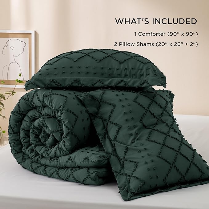 Bedsure Queen Comforter Set - Forest Green Comforter, Boho Tufted Shabby Chic Bedding for Kids, 3 Pieces Vintage Farmhouse Bed Set for All Seasons, Fluffy Soft Bedding with 2 Pillow Shams