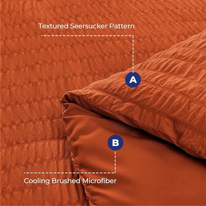 HYMOKEGE Burnt Orange California King Comforter Set Seersucker 7 Pieces, All Season Luxury Bed in a Bag for Bedroom, Bedding Set with Comforters, Sheets, Pillowcases & Shams
