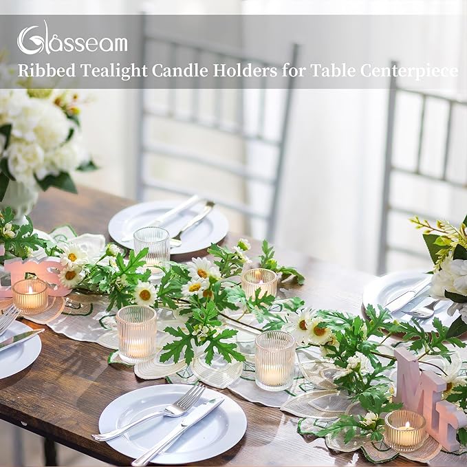 Glasseam Glass Tealight Candle Holder: Set of 8 Ribbed Clear Votive Candle Holders for Table Centerpiece, Decorative Small Vintage Tea Lights Candle Holder for Wedding Christmas Dining Room Decoration