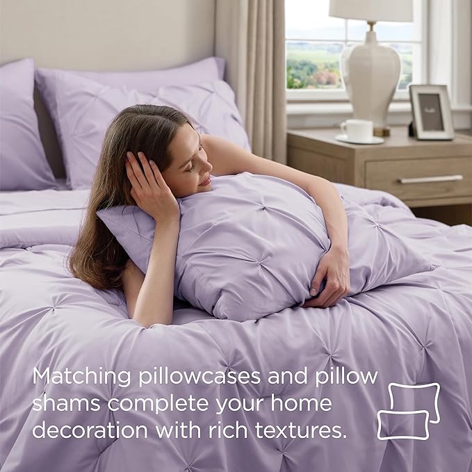Bedsure King Size Comforter Set Light Purple - Bed in a Bag Bedding Set 7 Pieces, GentleSoft™ Pintuck Bed Set Gift for Family, Pinch Pleat Light Purple Comforter with Sheets, Pillowcases & Shams