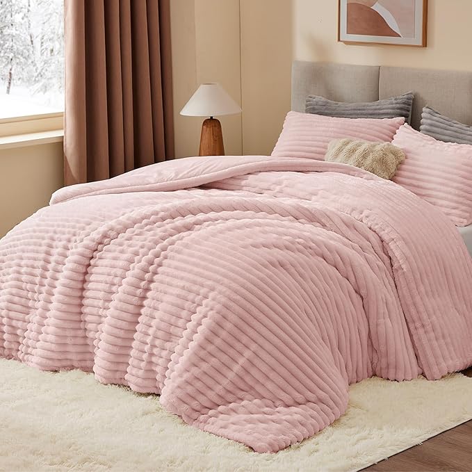 BEDELITE Fleece Oversized Queen Comforter Set -Super Soft & Warm Fluffy Pink Bedding, Luxury Fuzzy Heavy Bed Set for Winter with 2 Pillow Cases