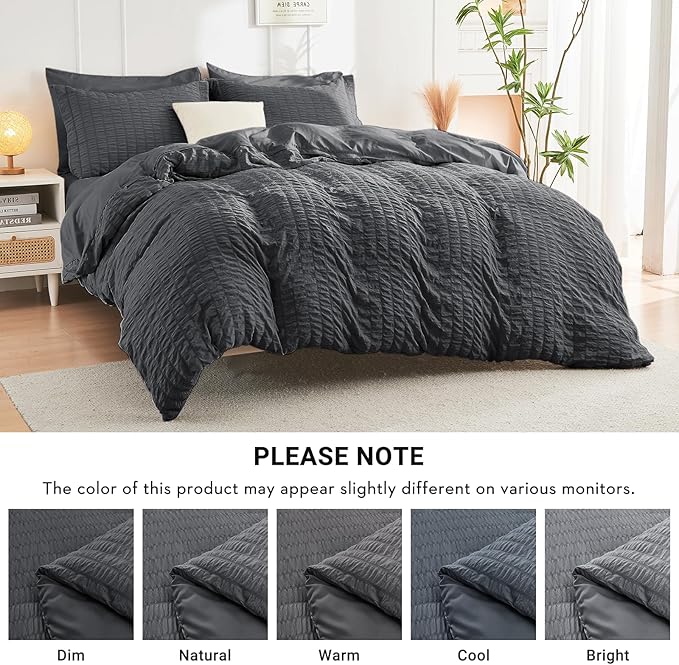 HYMOKEGE Twin Comforter Set Seersucker 5 Pieces, All Season Luxury Bed in a Bag for Bedroom, Bedding Set with Comforters, Sheets, Pillowcase & Sham, Dark Grey