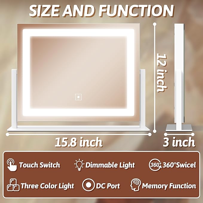 FENNIO Vanity Mirror with Lights, 12" x 16" Lighted Makeup Mirror with Smart Touch Control, 3 Color Modes & Brightness Adjustable, LED Makeup Mirror with 10X Magnification, 360° Rotation for Bedroom