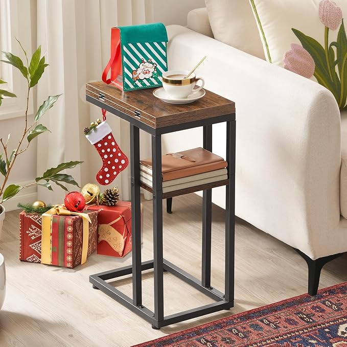 HOOBRO Foldable End Table, C Shaped Side Table with Storage Shelf, Small Snack Table Suitable for Living Room Bedroom Small Spaces, Easy Assembly, Rustic Brown BF29SF01