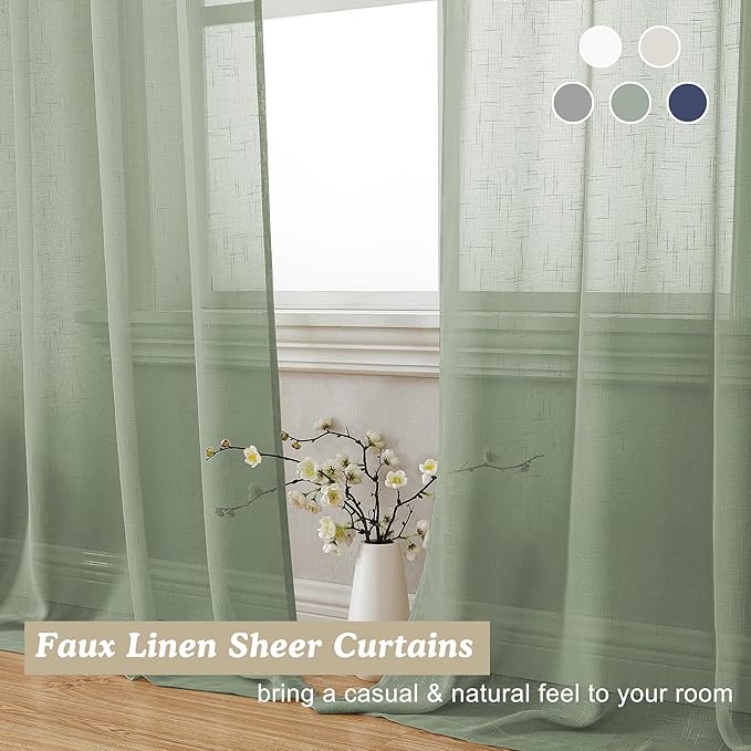 Aiyufeng Kirei Sage Green Linen Sheer Curtains 84 Inch Length 2Panels Set, Flax Textured Semi Sheer Vertical Drapes Privacy with Light Filter for Home Office/Farm House, W40 x L84, Sage Green, 1 Pair