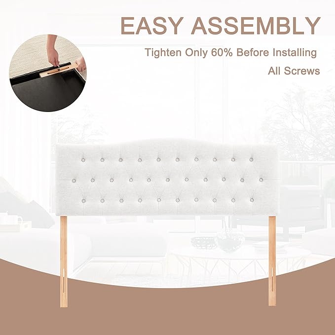 Tufted Upholstered Headboard Queen Size, Sturdy & Durable Solid Wood Bed headboard, Fabric Headboard Adjustable Height from 37” to 51”, Modern Button Diamond Design Head Board, White