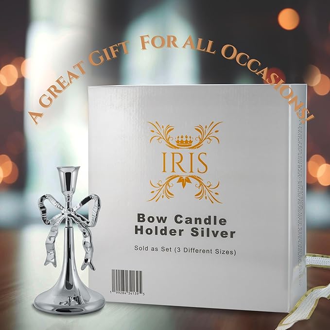 Iris Bow Candle Holders Set of 3, Silver Taper Candlestick Holders, Vintage Decor Perfect for Home Décor Accents, Centerpiece Dining Table Wedding Decor Fireplace Mantel or Housewarming Gift