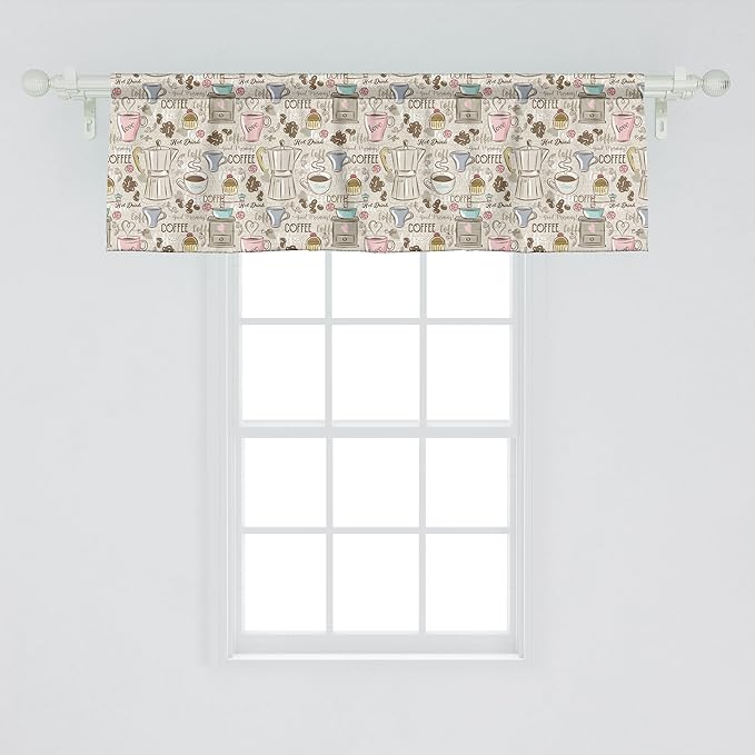 Ambesonne Modern Window Valance Pack of 2, Coffee Time Vintage Espresso Machine Cupcakes Beans Design, Rod Pocket Curtain Valances for Kitchen Bedroom, 42" X 18", Pale Pink Beige