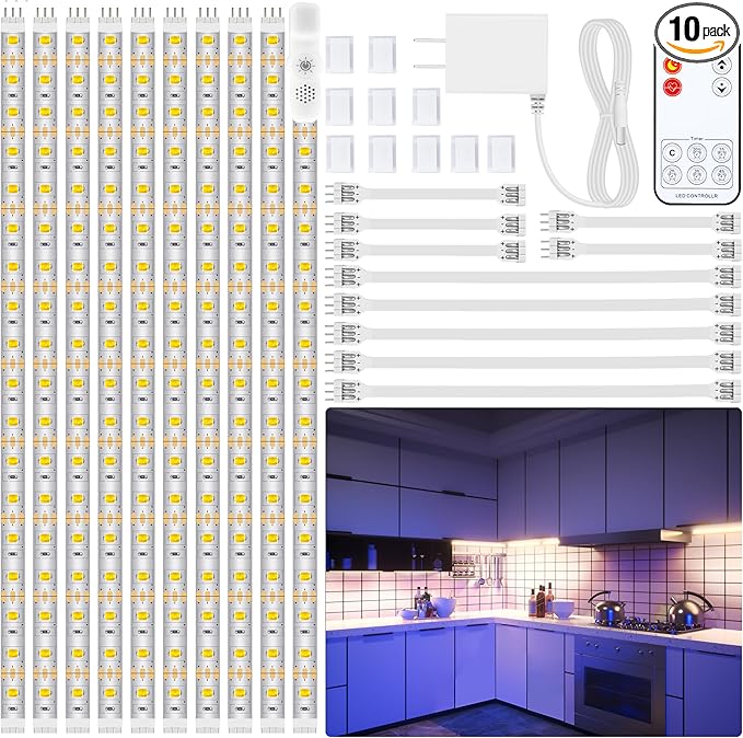 LAFULIT 10 PCS Under Cabinet Lights Kit, Stick on Lights, Flexible Led Strip Lights with Remote and Power Adapter, for Kitchen Cabinet Shelf Desk Counter Corner, 4000K Neutral White, 16.4ft