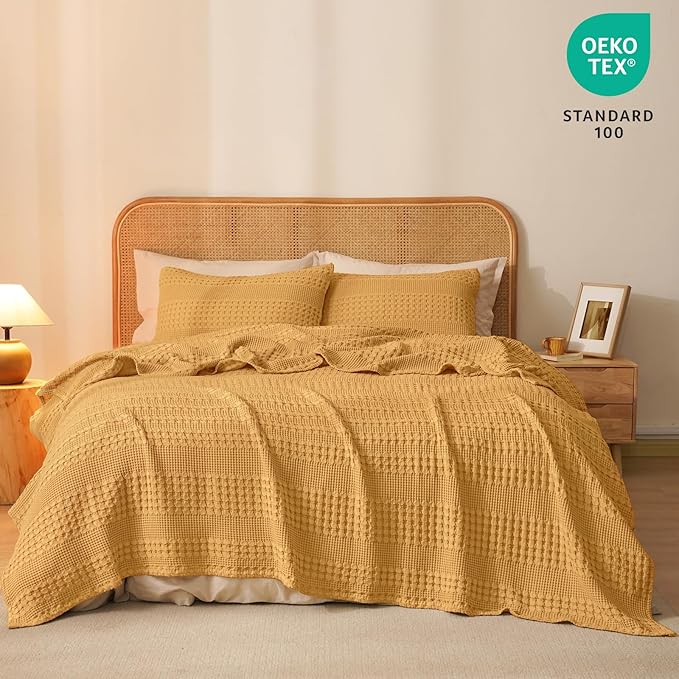 PHF 100% Cotton Waffle Weave Blanket Queen Size for Bed, Lightweight Washed Cotton Blanket - 90"x90" Aesthetic Soft Woven and Breathable Blanket for Sofa Home Decor - Ginger Yellow