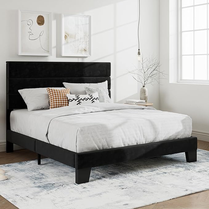 SHA CERLIN Full Platform Bed Frame with Velvet Upholstered Headboard, Mattress Foundation with Strong Wooden Slats Support, No Box Spring Needed, Black