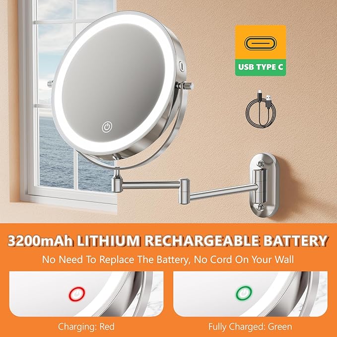 Auxmir Rechargeable Wall Mounted Lighted Makeup Mirror, 8" Double Sided 1X/10X Magnifying Vanity Mirror, 3 Color Lights Touch Dimmable Bathroom Cosmetic with 360° Swivel 13 Inch Extendable Arm, Chrome