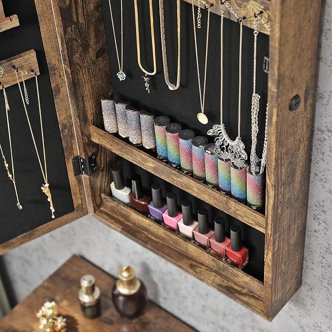 SONGMICS Lockable Jewelry Cabinet Armoire with Mirror, Wall-Mounted Space Saving Jewelry Storage Organizer, Christmas Gift, Rustic Brown UJJC051K01