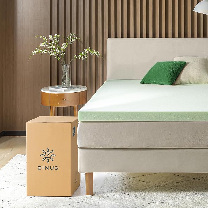 ZINUS 3 Inch Green Tea Memory Foam Mattress Topper, Smaller, More Convenient WonderBox Packaging, Pressure-Relieving Layers, CertiPUR-US Certified, Queen