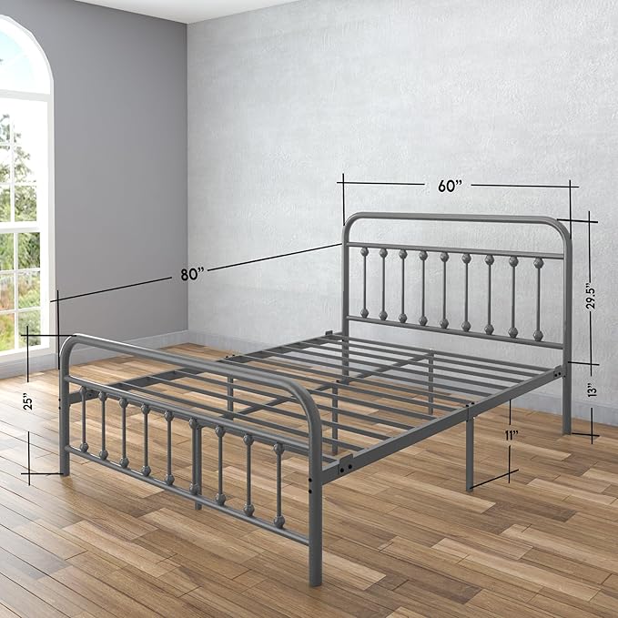 Golden Gate Beds Victorian Vintage Style Metal Bed Frame with Wrought Iron Headboard and Footboard, Classic Platform Bedframe Storage, No Box Spring Needed, Mattress Foundation, Silver, Queen Size