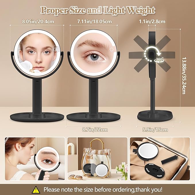 Makeup Mirror with Lights, Double Sided 1x/20x Magnifying Mirror with Light, Rechargeable 3 Color Lights and Adjustable Brightness, 360° Rotation Detachable Comes with Tweezer(Black)