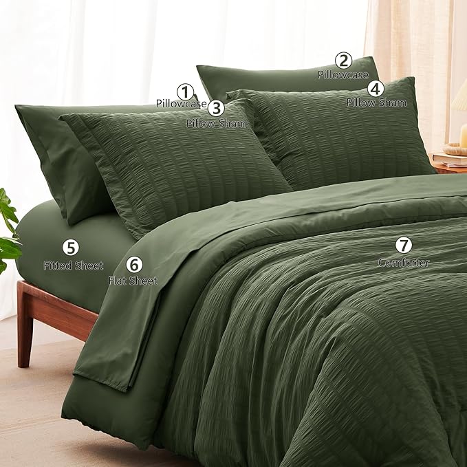 CozyLux King Size Comforter Set Olive Green Seersucker 7 Pieces Bed in a Bag King Comforter Set with Sheets, Luxury Bedding Set with Down Alternative Comforter, Sheets, Pillowcases & Shams All Seasons