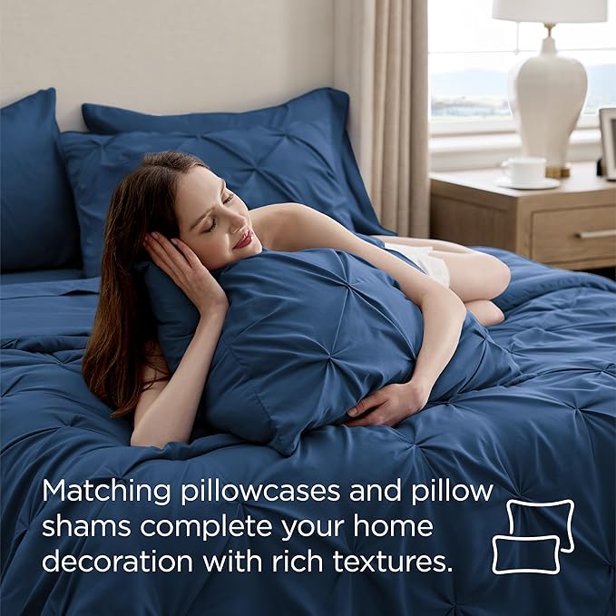 Bedsure Full Size Comforter Sets - Bedding Sets Full 7 Pieces, Pintuck Bed in a Bag Navy Blue Bed Set with Comforter, Sheets, Pillowcases & Shams