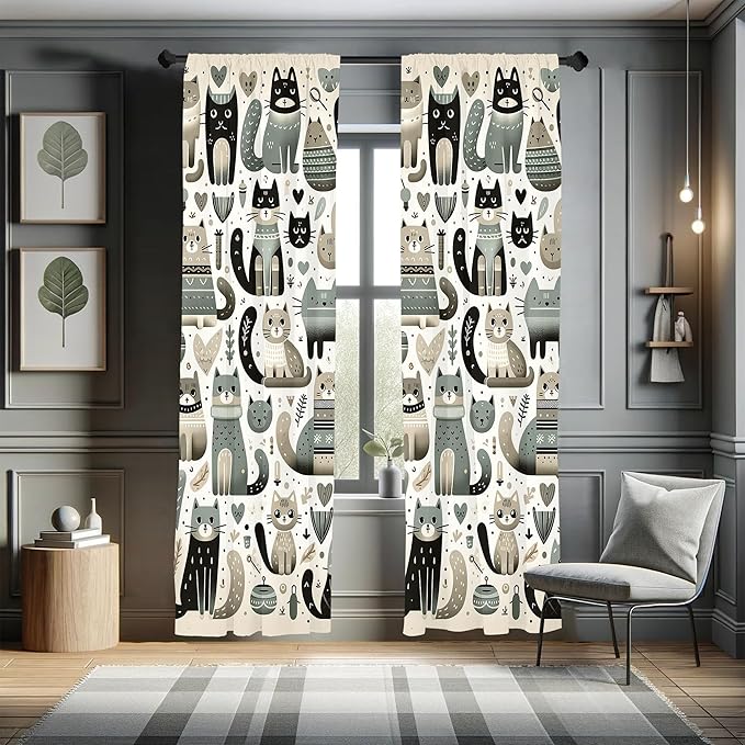 Ambesonne Cats Window Curtains, Modern Scandinavian Inspired Innocent Kitten Pattern with Leafy Details, Lightweight Decor 2-Panel Set with Rod Pocket, Pair of - 28" x 63", Pale Teal Pale Khaki Grey