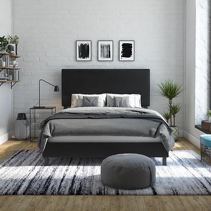 DHP Janford Upholstered Bed, Black Faux Leather, Queen