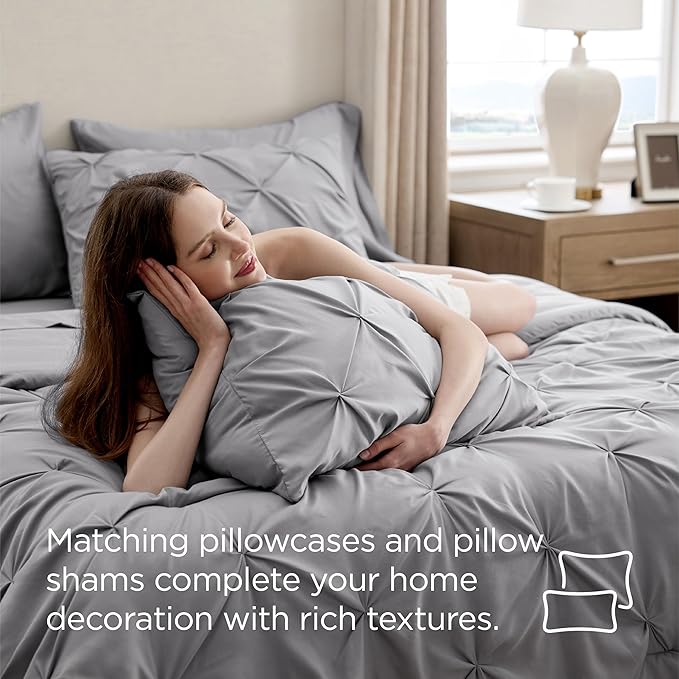 Bedsure Oversized Queen Comforter Set Grey - Bed in a Bag Bedding Set 7 Pieces, GentleSoft™ Pintuck Bed Set Gift for Family, Pinch Pleat All Season Comforter with Sheets, Pillowcases & Shams