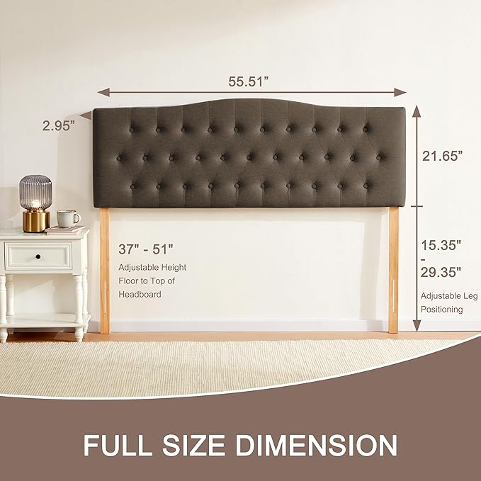Tufted Upholstered Headboard Full Size, Sturdy and Durable Solid Wood Bed headboard, Fabric Headboard Adjustable Height from 37” to 51”, Button Diamond Design Head Board, Chocolate