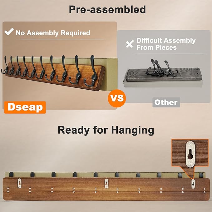 Dseap Coat Rack Wall - Heavy-Duty 38-1/4" Long, with Reinforced 10 Custom Tri-Hooks, Solid Wood Wall Hanger for Coats Hat Jackets - Rustic Farmhouse Entryway Hallway Storage, Weathered Brown & Black