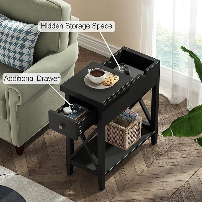 ChooChoo End Table Set of 2, Flip Top Narrow End Table with Drawer, Accent Small Side Table Nightstand for Living Room, Bedroom, and Small Spaces，Blcak