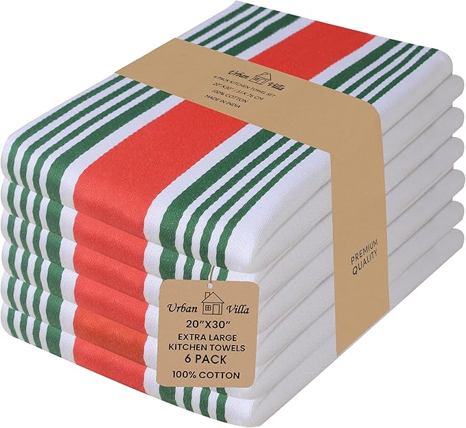 Urban Villa Kitchen Towels 100% Cotton Pack of 6, Highly Absorbent Quick Drying Super Soft Premium Dish Towels 20x30 Inch for Kitchen with Hanging Loop Hand & Tea Towels - Red/Green/White