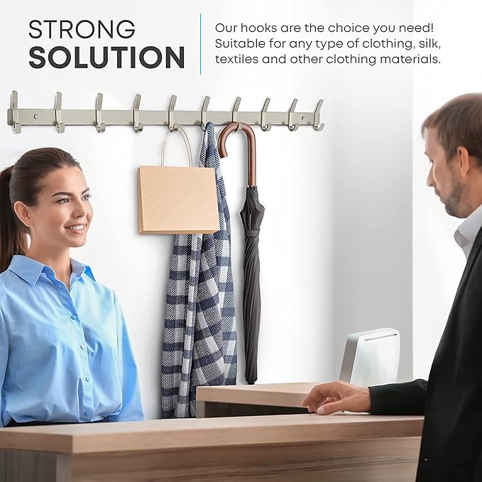 Coat Rack Wall Mount – Brushed Nickel 30 Inch Stainless Steel Hook Rail with 10 Heavy Duty Double Coat Hooks – Wall Mounted Coat Hanger for Entryway, Bathroom, Bedroom, Towel, Hat Organizer