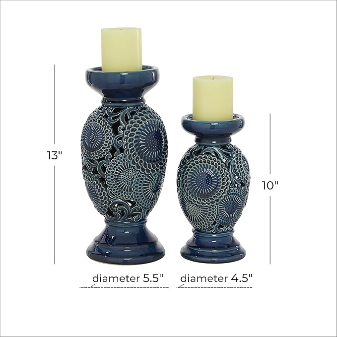 Deco 79 Ceramic Pillar Candle Holder with Cut Out Pattern, Set of 2 13", 10"H, Blue