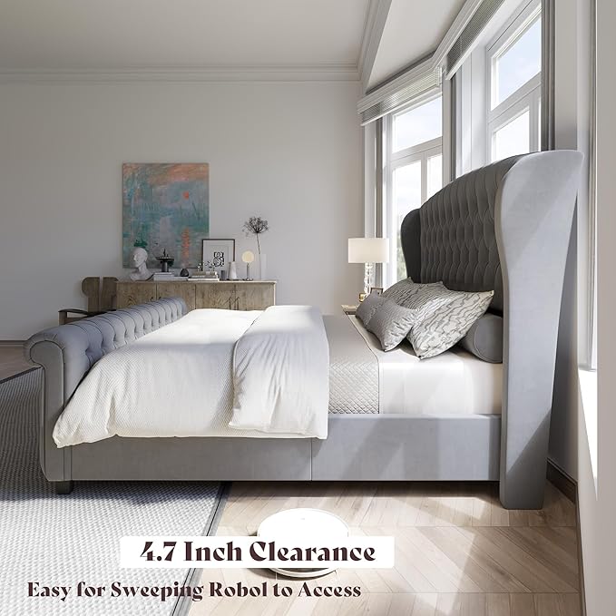 AMERLIFE California King Size Platform Bed Frame, Velvet Upholstered Sleigh Bed with Scroll Wingback Headboard & Footboard/Button Tufted/No Box Spring Required/Grey