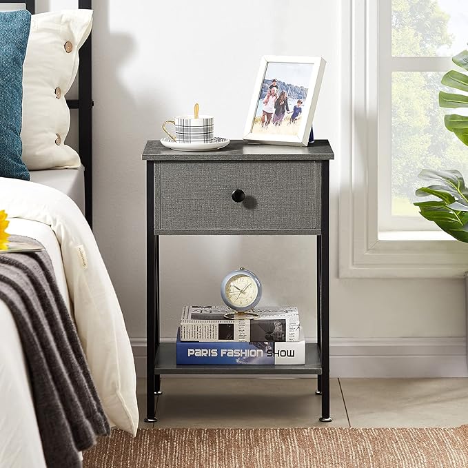 VECELO Nightstands Set of 2, Modern Bedside End Tables, Night Stands with Drawer and Storage Shelf for Living Room Bedroom, Industrial Metal Frame