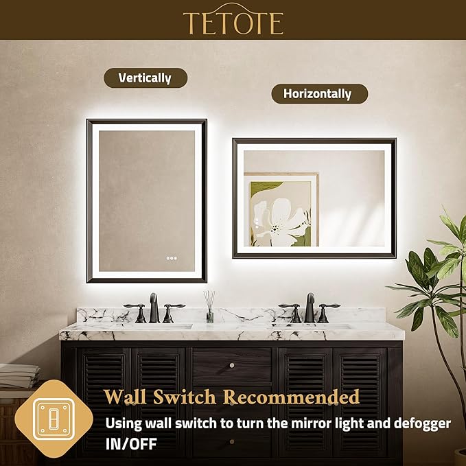 TETOTE 60x40 LED Bathroom Mirror with Lights Black Frame Frontlit & Backlit Lighted Vanity Mirror Baroque Anti Fog Dimmable White/Warm/Natural,CRI90+,Waterproof,Wall Mounted(Horizontal/Vertical)