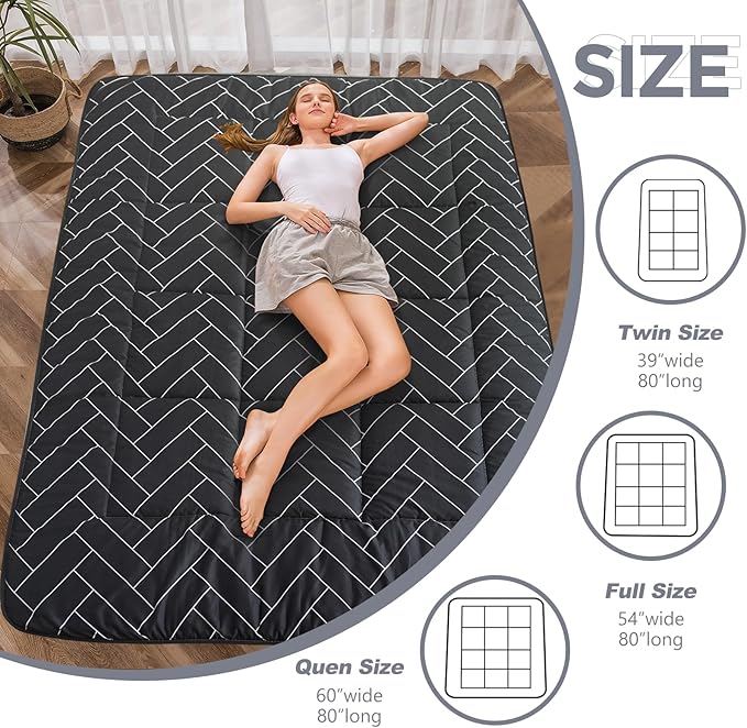 MAXYOYO Black Geometric Pattern Futon Mattress, Japanese Floor Mattress Quilted Bed Mattress Topper, Extra Thick Folding Sleeping Pad Breathable Floor Lounger Guest Bed for Camping Couch, Queen