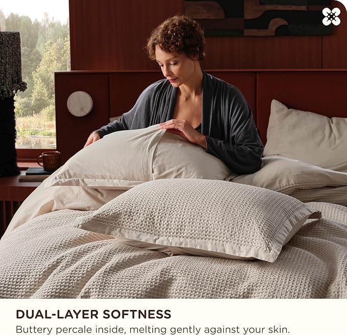 Bedsure Cotton Duvet Cover Set - 100% Cotton Waffle Weave Linen Duvet Cover Oversized King Size, GentleSoft™ and Breathable Bedding Set for All Season, 3 Pieces, 120"x98"