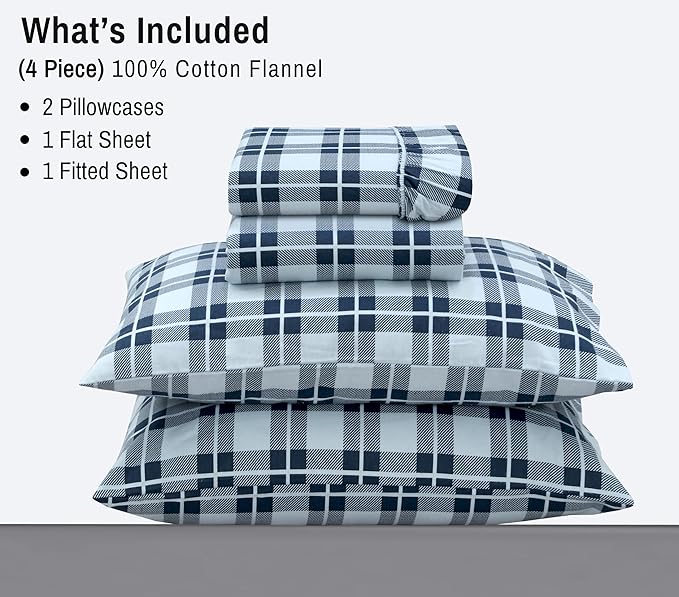 RUVANTI Flannel Sheets Full Size - 100% Cotton Double Brushed Bed Sheets Set, Deep Pockets 16 Inches, All Seasons Breathable & Extra Soft Full Sheets, Warm & Cozy, 4 Piece, Illusion Check