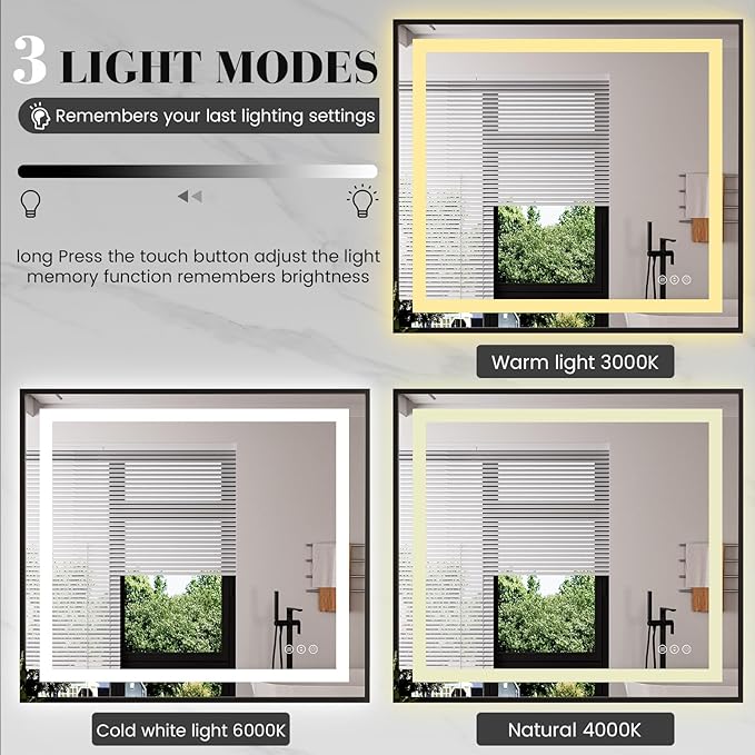 LED Bathroom Mirror,32"x36" Mirror with Black Frame, Front Light and Backlit, Stepless Dimmable, Anti-Fog, Shatter-Proof, Memory, 3 Colors, Double LED Vanity Mirror
