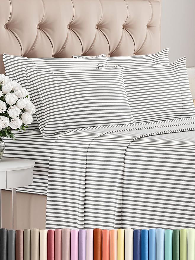 Cal King Sheets Set 6 Piece - Includes 4 Pillowcases - Bed Sheets Cal King Size - Soft Hotel Luxury Bedding - Cooling & Breathable - 1 Flat & 1 Fitted & 4 Pillowcases w/ Deep Pockets - Grey Stripes