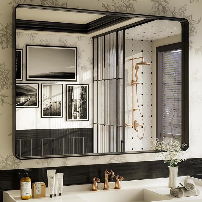 ISKM Black Framed Mirror for Bathroom 48" x 36" Decorative Rectangular Wall Mounted Mirror Shatter-Proof Best for Washroom, Bedroom, Living Room (Horizontal/Vertical)
