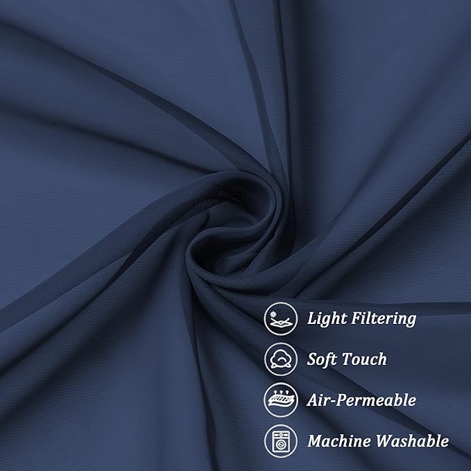 Chyhomenyc Voile Sheer Curtain Panels 45in Long 2 Pack, Short Bathroom Window Curtains for Small Window/Living Room/Guest Room/Basement, Airy Light Filtering Drapes, 42W x 45L inch, Navy Blue